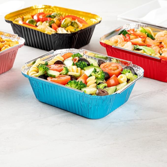 Restaurantware-12 Ounce Disposable Takeout Containers, 50 Rectangle Food Containers - With Polka Dot Lids, Blue Takeaway Containers, Aluminum Delivery Containers, Freezable