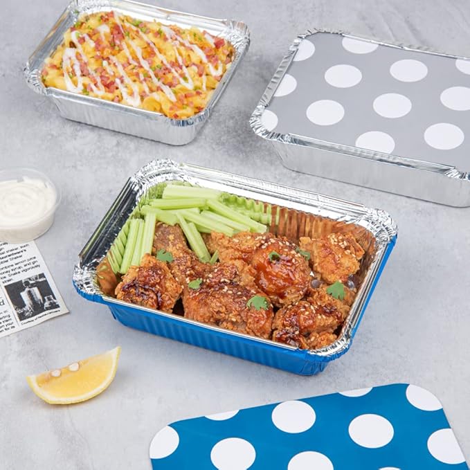 Restaurantware-16 Ounce Disposable Takeout Containers, 50 Rectangle Food Containers - With Polka Dot Lids, Blue Takeaway Container, Aluminum Delivery Container, Freezable
