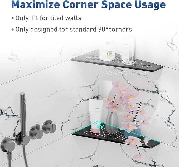 12" Corner Shower Caddy Shelves, 2 Pack Bathroom Shower Shelf for Tiled Wall, Stainless Steel Shower Shelf Organzier for Inside Showe Kitchen Storage Without Hooks & Adhesive (Star Patterns, Black)