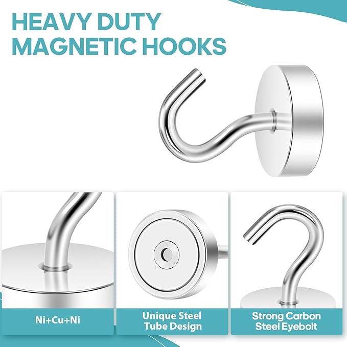 Neosmuk Magnetic Hooks, Cruise Ship Essentials, 40lb+ Heavy Duty Magnetic Hooks for Cruise Cabins, Refrigerator, Grill, Hanging, and Travel | Extra Strong Must-Haves Magnet Hook,Silver