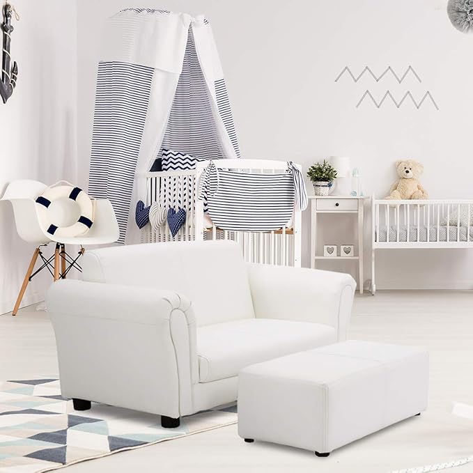 Costzon Kids Couch with Footstool, 2 in 1 Double Seat Children's Sofa w/PU Leather Surface, Armrest Chair Lounge, Soft Sofa for Preschool Bedroom Kids Room Toddlers Boys Girls Birthday (White)
