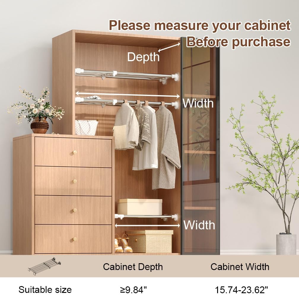 Closet Tension Shelf & Rod — Expandable Adjustable Storage Rack, Metal Organizer DIY Divider for Cabinet, Wardrobe, Kitchen & Bathroom