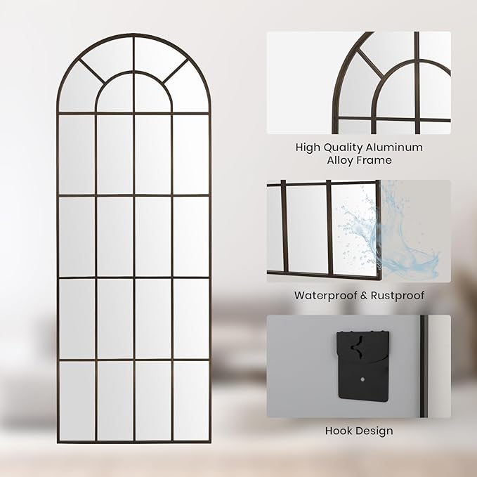 Arched Windowpane Mirror Full Length 65"x24" Wall Mounted Bronze Art Pane Farmhouse Decorative Floor Mirror Leaning Hanging Wall Mirror for Bedroom Living Room Entrance