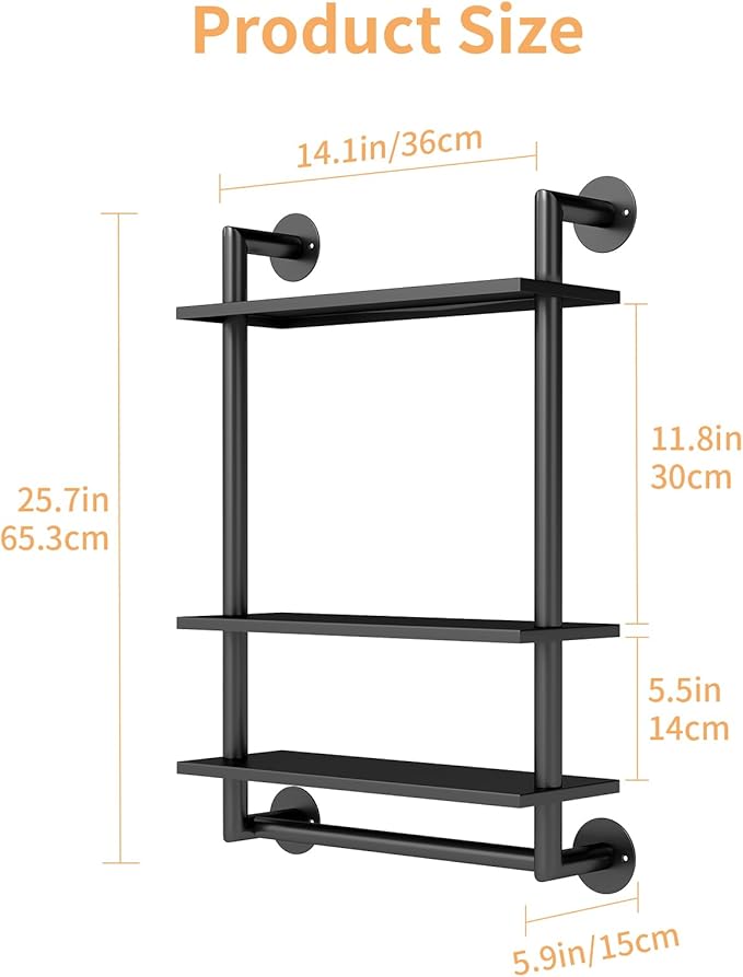 Bathroom Shelves Wall Mounted, 3 Tier Towel Racks with Towel Bar, 26in Stainless Steel Floating Pipe Shelves Over Toilet, Wall Shelves for Bathroom Laundry Room Kitchen Storage