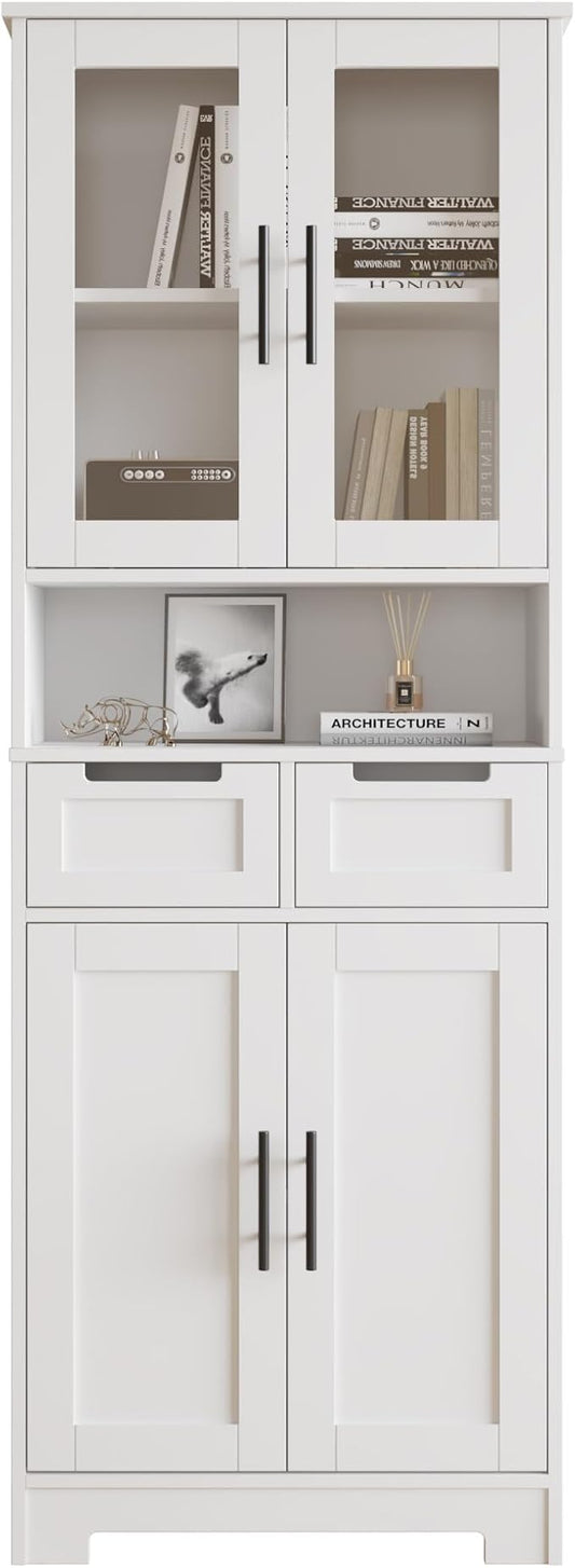 Karl home Tall Bathroom Storage Cabinet, 67" Linen Cabinets for Laundry, Bathroom Cabinet with 2 Drawers, 2 Acrylic Doors & Adjustable Shelves, Freestanding Kitchen Pantry, White