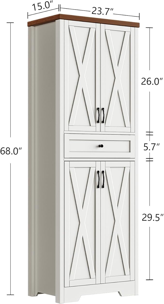 Lyromix 68'' Farmhouse Kitchen Pantry Cabinet with Adjustable Shelves, Tall Storage Cabinet with Barn Doors, Freestanding Versatile Cupboard for Dining Room, White+Walnut