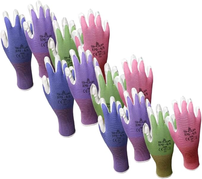 12 Pack Showa Atlas NT370 Atlas Nitrile Garden Gloves - Sizes XS, S and Large (Assorted Colors)