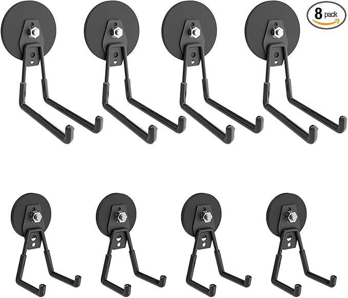 Heavy Duty Magnetic Hooks, Garage Hook, Anti-Slide Garage Hanger, Magnetic Mounting for Garden Tools, Hose, Power Drill, Steel Pegboard, Workshop (8 Pack)