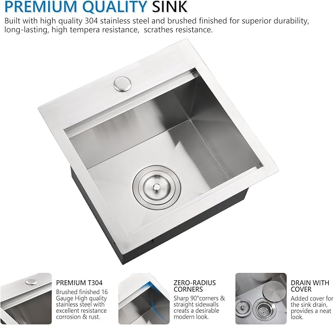 15 x 17 Inches Drop-in Kitchen Bar Sink, 15 Inch Stainless Steel Bar Sink Workstation Kitchen Sinks Topmount Single Bowl Small Kitchen Sink