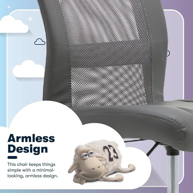 Serta Essential Armless Task Chair, Small Desk Chairs with Wheels, Breathable Mesh Back and Faux Leather, Quality Foam Cushion Seat for Comfort, Minimal Design for Vanity Table, Gray