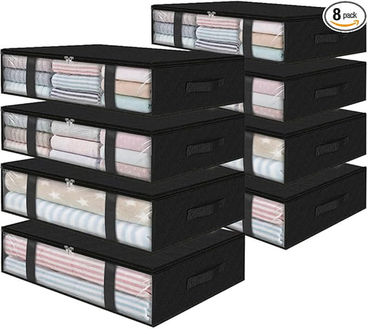 Under Bed Storage Bags 8 Pack, 40L Large Clothes & Comforter Storage Containers with Clear Window, Breathable Fabric Organizer for Blankets, Bedding, Seasonal Clothing, Black