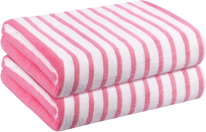 Microfiber Bath Towels Set, 2 Pack, 30" x 60", Absorbent Quick Drying Beach Towel Cabana Stripe for Adult, Travel, Summer, Sport, Swimming, Pool, Yoga, Camping, Microfiber StripePink