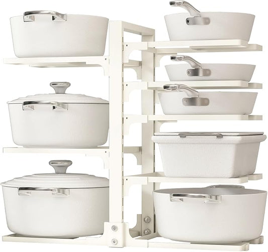 Adjustable Pots and Pans Organizer Under Cabinet, 8-Tier Pot and Pan Organizers Inside Cabinet, Kitchen Cabinet Organizers and Storage, White