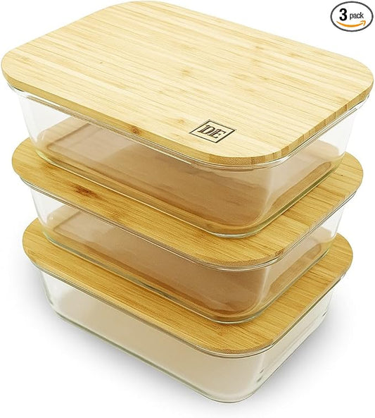 DE Plastic-Free Glass Storage Containers (3-Pack, 51oz) with Bamboo Lids – Eco-Friendly, Airtight, Reusable – Oven, Microwave & Dishwasher Safe – BPA-Free & Sustainable.