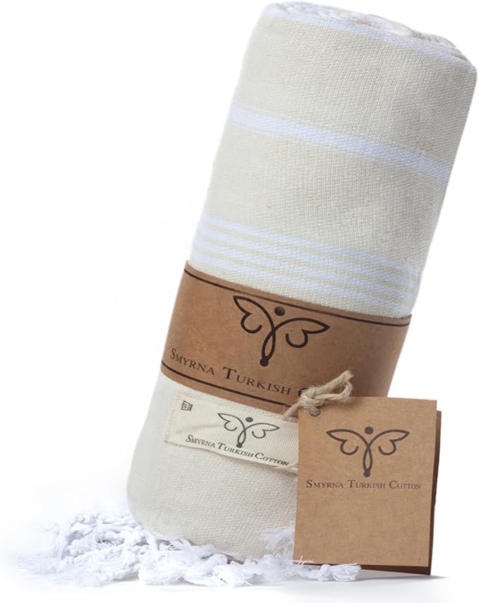 SMYRNA TURKISH COTTON Classical Series Throw Blanket 50x60, Outdoor Blankets, Throws and Blankets for Couch, Sofa, Bed, Chair, Beach Picnic, Travel Boho Turkish Blanket, Cream