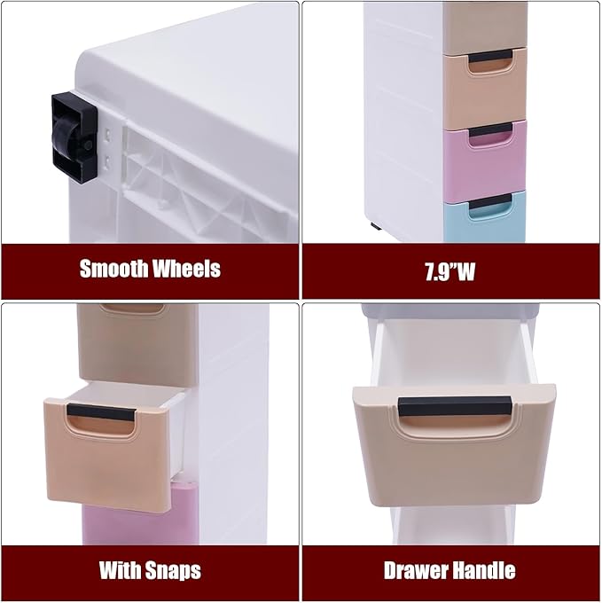 6 Drawers Narrow Slim Plastic Storage Cabinet,Storage Drawer with Wheels,6 Tier Drawers Dresser,Rolling Narrow Cabinet for Small Spaces Bathroom Kitchen Bedroom Living Room,Multicolor