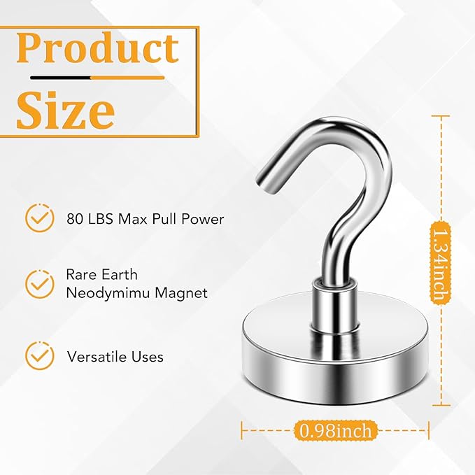 E BAVITE Heavy Duty Magnetic Hooks,80 LBS Strong Neodymium Magnet Hook for Home, Kitchen, Workplace, Office and Garage, 25mm(0.98inch) in Diameter - Pack of 8