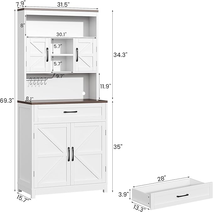Semoic 69.3" Tall Kitchen Pantry Cabinet, Farmhouse Large Storage Cabinet with 2 Barn Doors, 1 Drawer and Storage Shelves, Buffet Cupboard Kitchen Hutch with Wide Countertop and Charge Holes, White