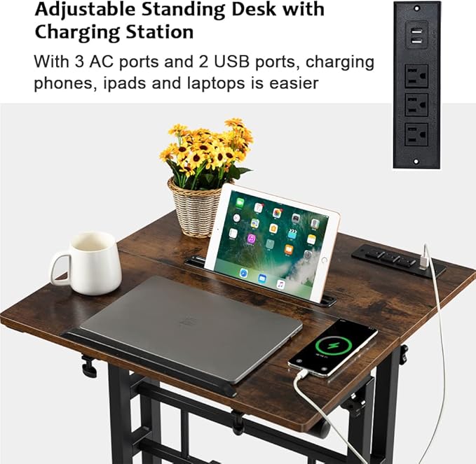 Hadulcet Mobile Standing Desk with Wheels, Rolling Desk Adjustable Height, Portable Laptop Table with Charging Station, Sit Stand up for Home Office, Study, Classroom, Rustic Brown