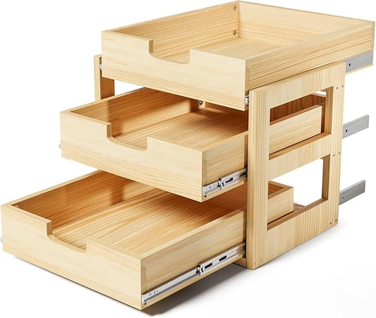 Pull Out Cabinet Organizer, 14''W×21''D Sliding Drawers for Cabinets, 3 Tier Soft Close Slide Out Wooden Pull out Drawers, Base Cabinet Organization for Kitchen, Pantry, Bathroom.