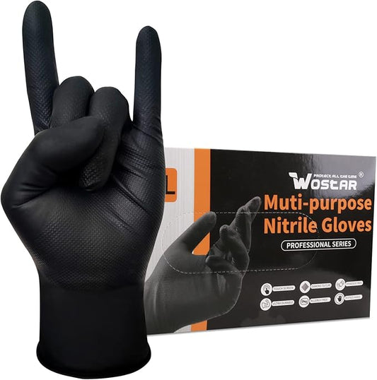 Wostar Black Nitrile Industrial Gloves Large 8 Mil Raised Diamond Texture Latex & Powder Free Heavy Duty Gloves 100 Count
