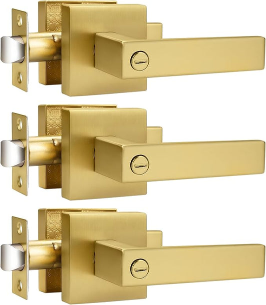 Probrico Gold Privacy Door Handle Lockset Heavy Duty Interior Door Lever for Bedroom Reversible Keyless Handleset Door Knob 3 Pack