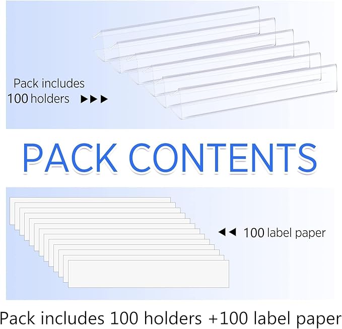 Teling 100 Pieces Shelf Label Holder, Clear Plastic 0.875'' x 6'' Shelves Clip Wood Tags Ticket Sign Label Metal Holders for 0.75'' Thick Shelves Includes Matched Blank Inserts Offices Libraries