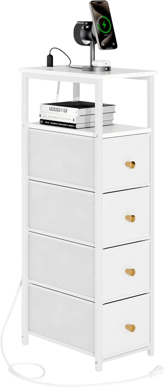 Narrow Storage Cabinet for Small Spaces Slim Bathroom Dresser with Drawers Tall Thin Storage Organizer for Bathroom Bedroom Skinny Cabinet(White, 4 Drawers with Charging Station)