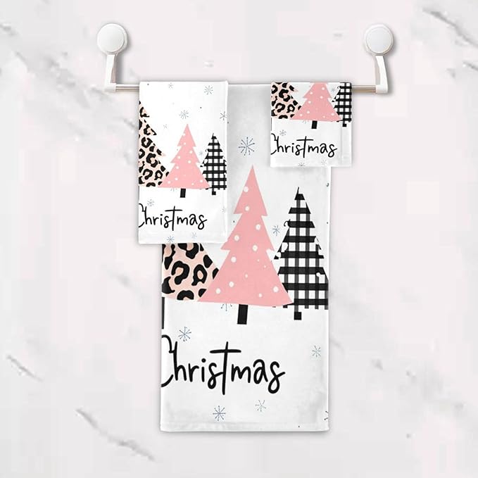 Plaid Pink Christmas Tree Towels Set of 3 Winter Forest Leopard Tree Grey Snowflakes Bathroom Towel Soft Absorbent Bath Hand Towels Washcloth Guest Towel Sets Xmas Holiday Decor