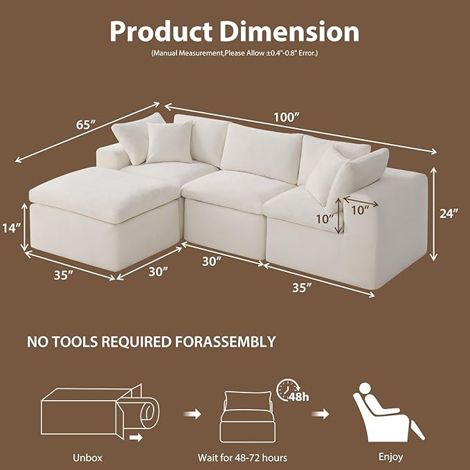 Cloud Couch Sectional Sofas for Living Room, Cream White Modular Sectional Sofa Couch Set with Ottoman, Deep Seat L Shaped Couch Bed, Boneless Convertible Sofa Couch for Apartment Furniture