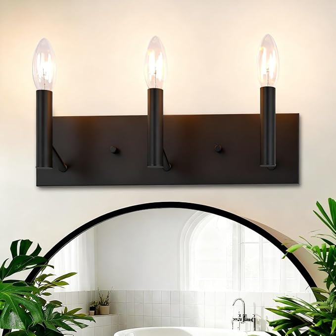 Kalium Bathroom Light Vanity Fixtures Over Mirror, 3-Lights Modern Matte Black Wall Sconces, Minimalist Wall Lights for Livingroom Bedroom Entryway Hallway Staircase, E12 Base(Bulbs Not Included)