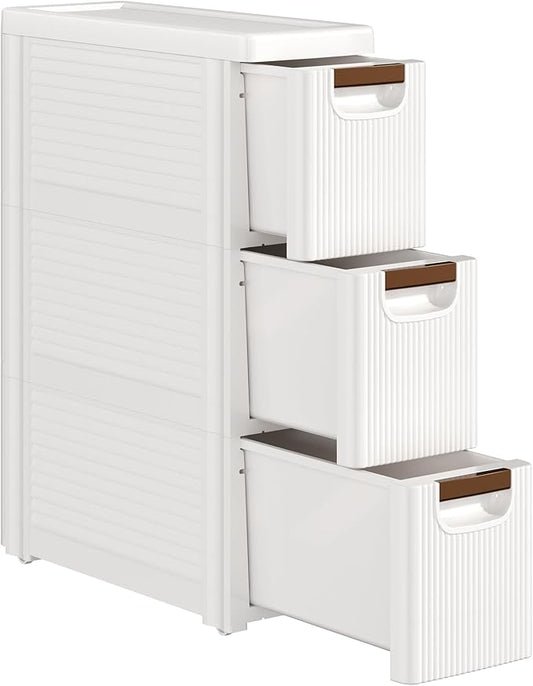 VECELO 3-Drawer Narrow Bathroom Storage Cabinet, Mobile Plastic Slim Rolling Organizer Cart with Built-in 4 Wheels for Living Room, Kitchen, Bathroom, Bedroom, Office, White(16.5" x 7.5" x 22.2")