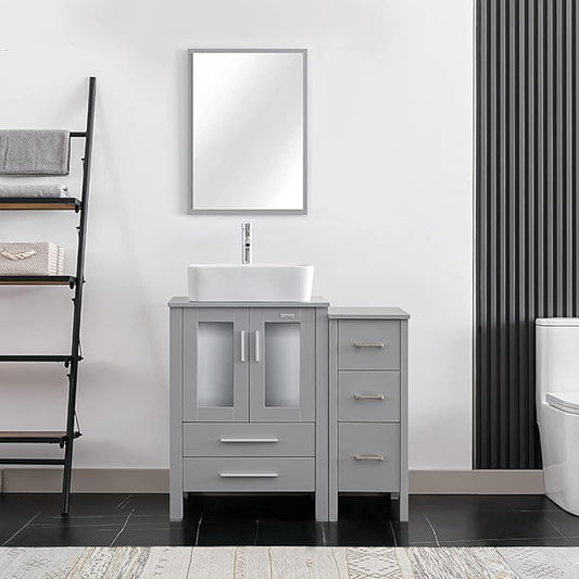 eclife 36" Modern Bathroom Vanity Sink Combo Freestanding Cabinet with Small Side Cabinet, White Rectangle Ceramic Vessel Sink, Water Save Faucet, Drain (Gray+T03)