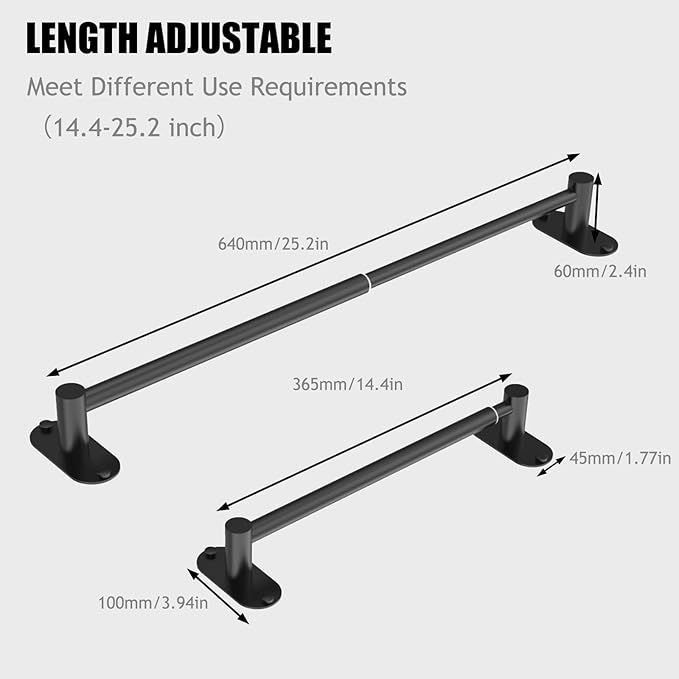 Towel Bar, Adjustable 14.4inch - 25.2inch Towel Rack, Self Adhesive & Wall Mounted for Bathroom Kitchen Hand Towel Holder Cloths Hanger SUS 304 Stainless Steel Organizer Single Bar (3, Matte Black)