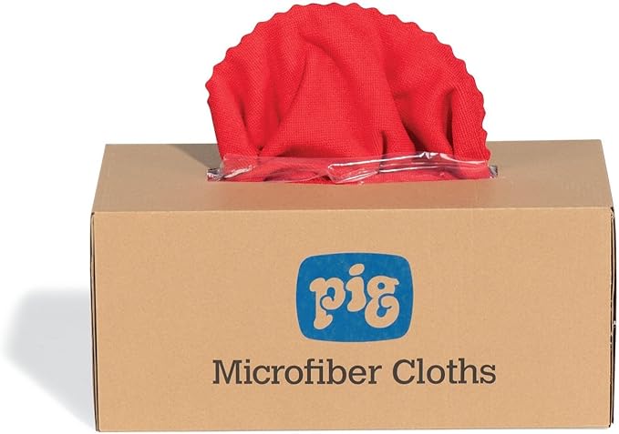 PIG Microfiber Cloths| Durable Low-Lint Microfiber Rags | 50 per box | 16" W x 16" L | Red | PM50827-RD