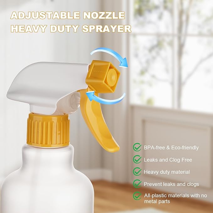 Plastic Spray Bottles 12oz 2 Pack Adjustable Mist/Stream Spraying Heavy Duty Square Water Spray Bottles for Hair, Cleaning Solutions, Plants，Essential Oils (Yellow)