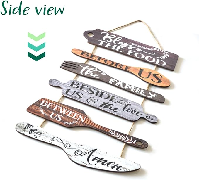 Bless the Food Before Us Farmhouse Kitchen Wall Decor - Dining Room Decorations Collage Wall Art in Neutral Grey Color - Wooden Rustic 6pcs Roped Sign 25x14 Inches Vertical