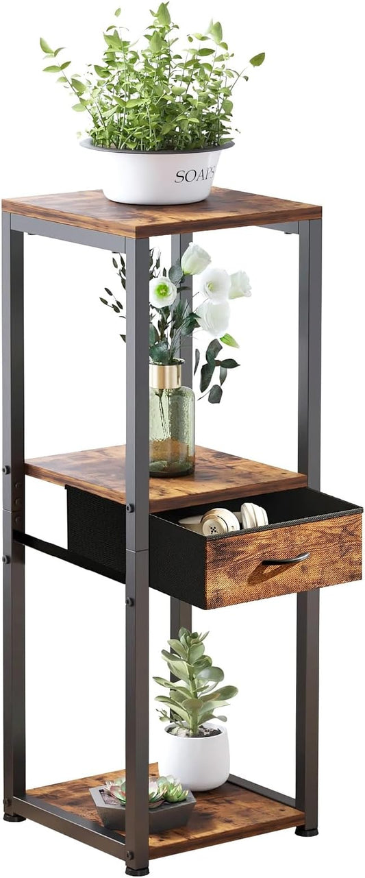 3 Tier Tall Plant Stand with Fabric Drawer , Corner Plant Stands for Indoor Plants Multiple, Small Side Table for Indoor Plants