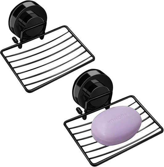 Black Shower Soap Holder, 2 Packs, Suction Cup Bar Soap Dish, Stainless Steel Soap Dish Tray, Draining Soap Holder for Shower Bathroom Tub Kitchen Sink