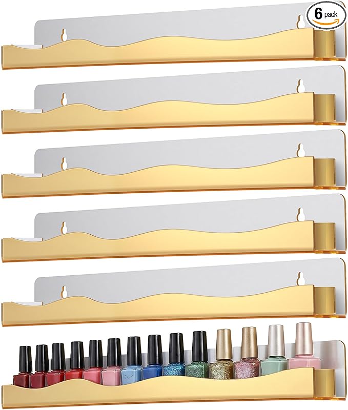 6 Pack Gold Reflective Acrylic Shelves, 15 Inch Wall-Mounted Nail Polish Organizer Rack Mirror Finish Makeup Essentials Storage Multi-Purpose Display Holder for Small Space Vanity Bathroom