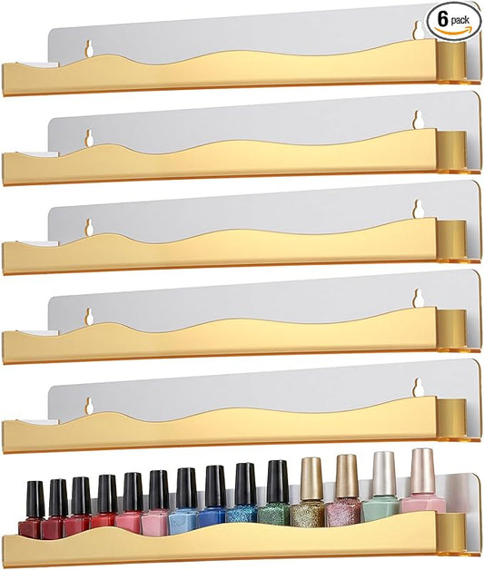 6 Pack Gold Reflective Acrylic Shelves, 15 Inch Wall-Mounted Nail Polish Organizer Rack Mirror Finish Makeup Essentials Storage Multi-Purpose Display Holder for Small Space Vanity Bathroom