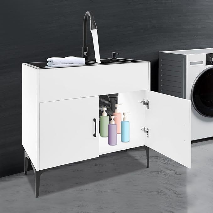 32-Inch Utility Sink Cabinet with Pull-Out Sprayer Faucet, Laundry Sink with Cabinets and Stainless Steel Double Sinks, Freestanding Cabinet with Sink for Laundry&Utility Room, Kitchen, Bathroom