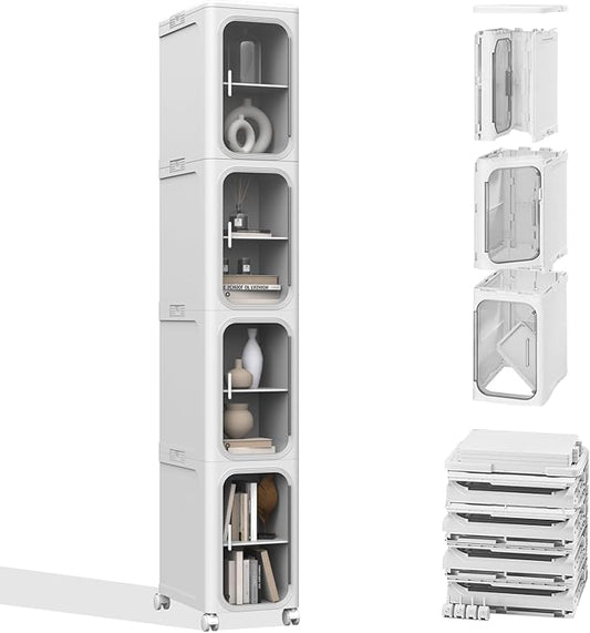 Slim Tall Bathroom Cabinet, Plastic Tall Narrow Cabinet with Doors and Shelves, Floorstanding Skinny Cabinets with Wheels, 4 Tier Corner Bathroom Organizer for Small Space
