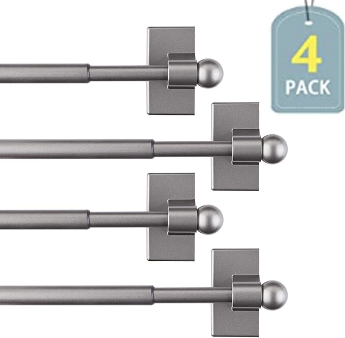 WL.Rocaille Magnetic Curtain Rods for Metal Doors Multi-Use Adjustable Rods Tool Free for Iron and Steel Place 1/2" Diameter, with Petite Ball Finials (4 Pack,9"-16",Pewter)