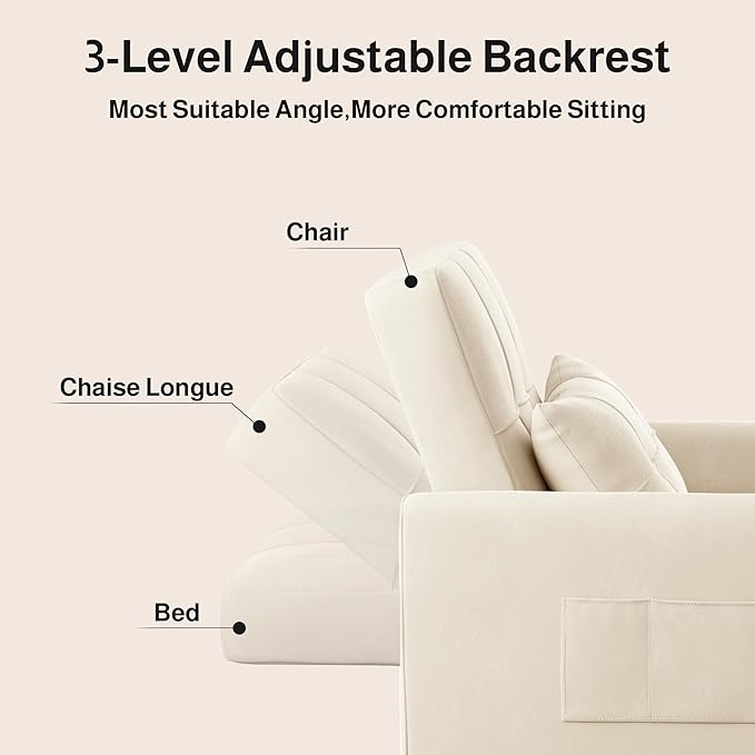 Ahomly Convertible Sofa Bed, 3-in-1 Multi-Functional Sleeper Chair Bed, Adjustable Backrest Recliner with Modern Linen Fabric for Living Room Bedroom Apartment Small Space, Beige