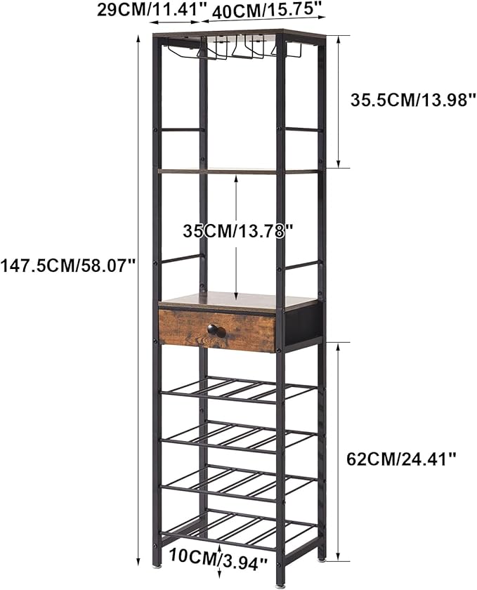 IBUYKE Wine Rack Freestanding Floor, Bar Cabinet for Liquor and Glasses,4-Tier Wood Coffee Bar Cabinet,Glass Holder and Storage Drawer for Home Bar Kitchen Living Room,Rustic Brown UTMJ905H