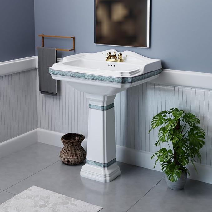 Renovators Supply Manufacturing 23" White Pedestal Bathroom Sink Heavy Duty Porcelain, Green and Gold Decorative Accents, 4" Centerset Faucet Holes, High Backsplash and Overflow