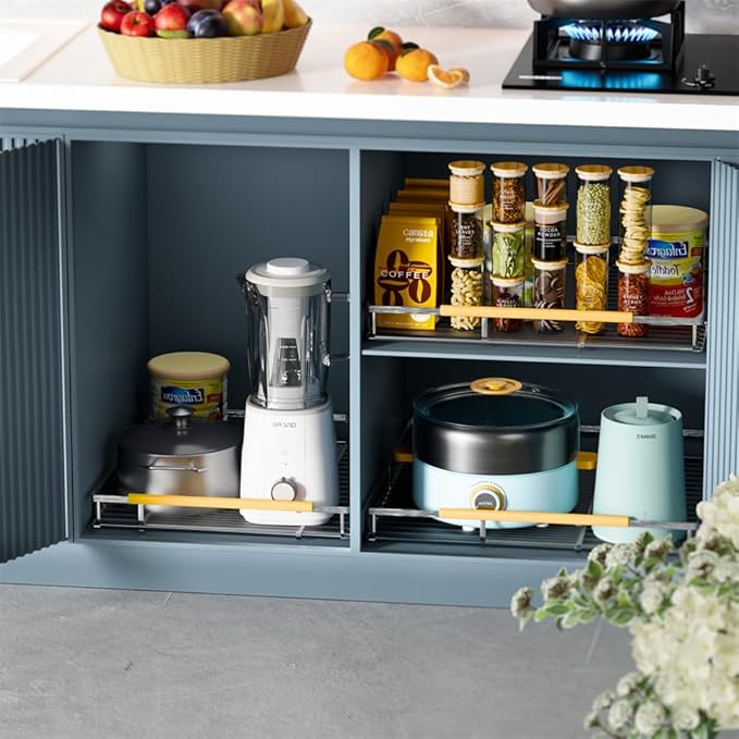 SANNO Pull Out Cabinet Organizer, Slide Out Kitchen Cabinet Storage Sliding Shelves, Bottom-Mounted,Expandable Slide Out Shelves for Home, Kitchen, Bathroom, Pantry, Closet(1pack)