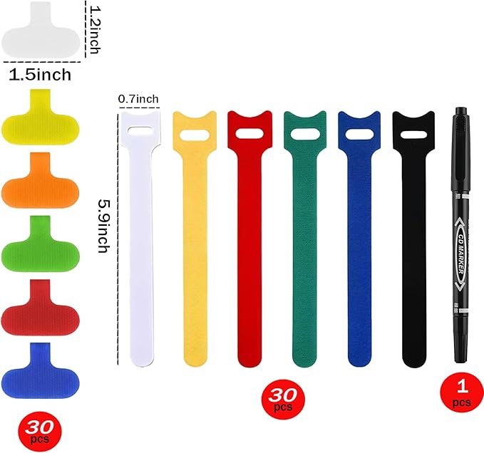 60 Pack Reusable Cable Labels & Cord Organizer Kit – Color-Coded Write-On Wire Labels with Marker + 30 Ties for Home Office Electronics Cord Management
