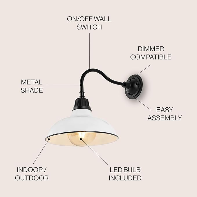 JONATHAN Y JYL7613A Aurora 12.25" 1-Light Farmhouse Industrial Indoor/Outdoor Iron LED Gooseneck Arm Outdoor Sconce Metal Bowl Shade Vintage Cottage Rustic Porch Patio Yard Barn, White